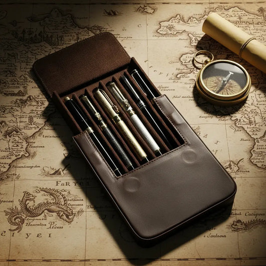 Grand étui du navigateur en cuir contenant des stylos, posé sur une carte ancienne de navigation.
