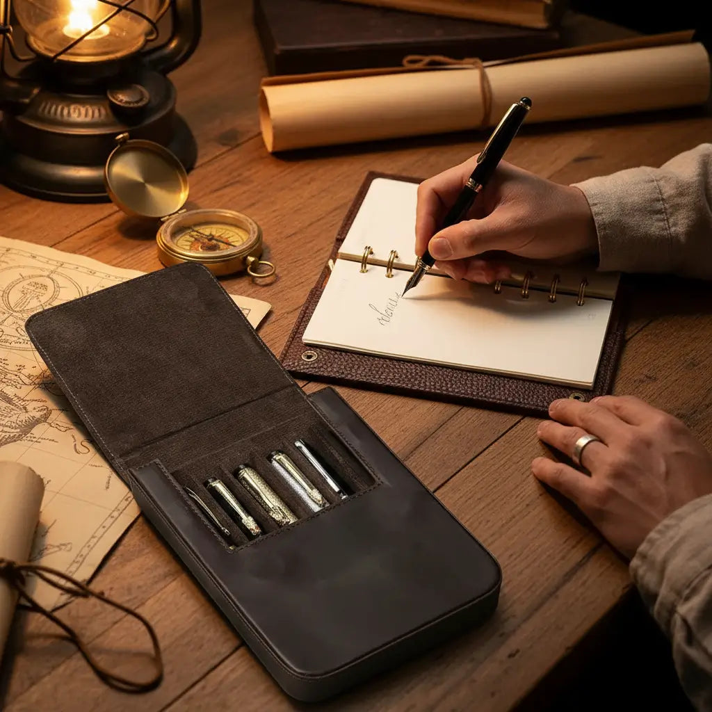 Grand étui du navigateur en cuir utilisé pour l’écriture sur un bureau d’explorateur.