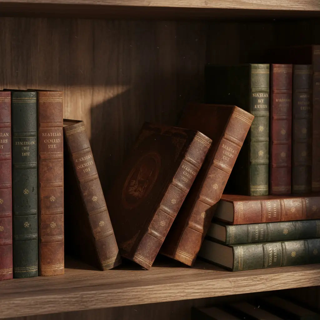 Grimoire Matriochkas dissimulé parmi des livres anciens dans une bibliothèque.