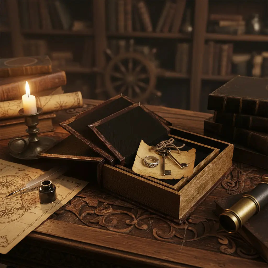Grimoire Matriochkas ouvert révélant un compartiment secret sur un bureau d’explorateur.