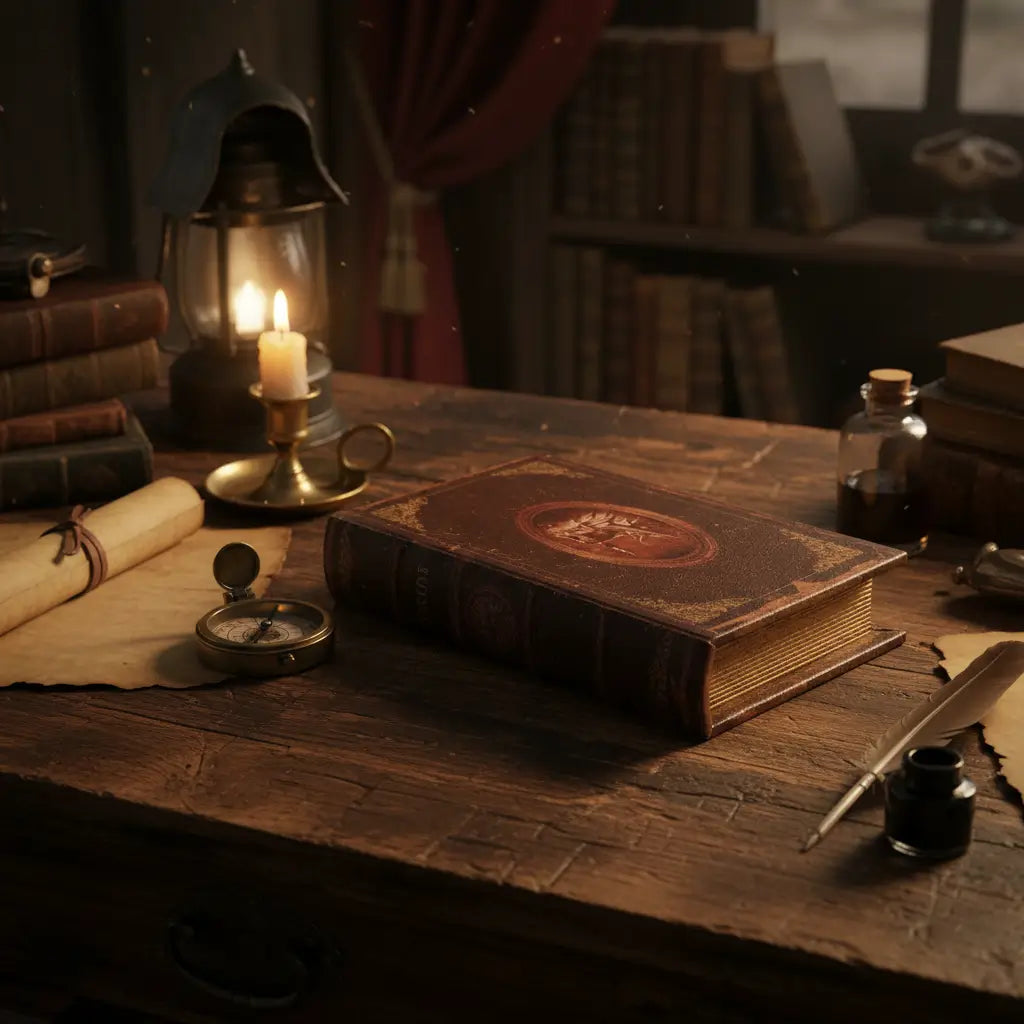 Grimoire Matriochkas posé sur un bureau ancien dans une ambiance de bibliothèque secrète.