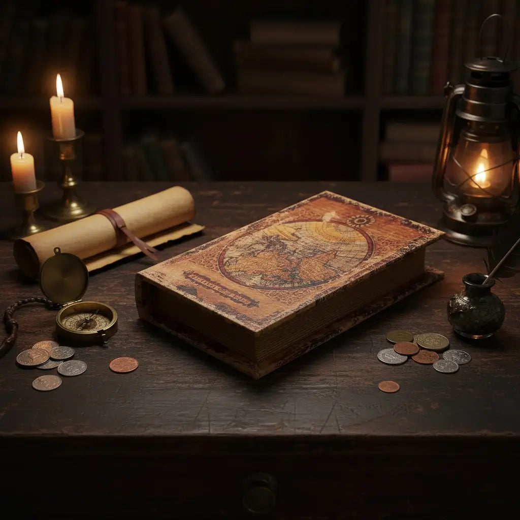 Grimoire secret du navigateur posé sur un bureau ancien avec carte maritime et bougies.
