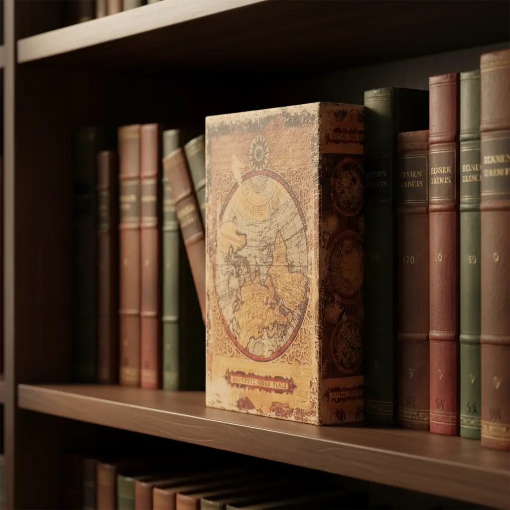Grimoire secret du navigateur dissimulé parmi des livres dans une bibliothèque.