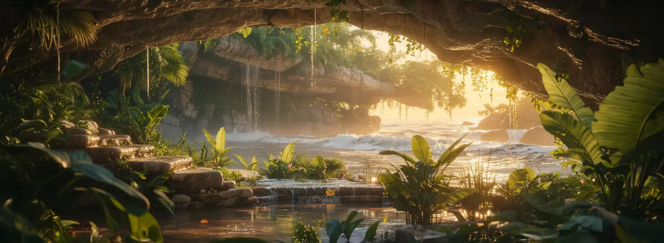 Paysage d’une grotte mystérieuse végétalisée et humide, ambiance tropicale et végétation luxuriante.
