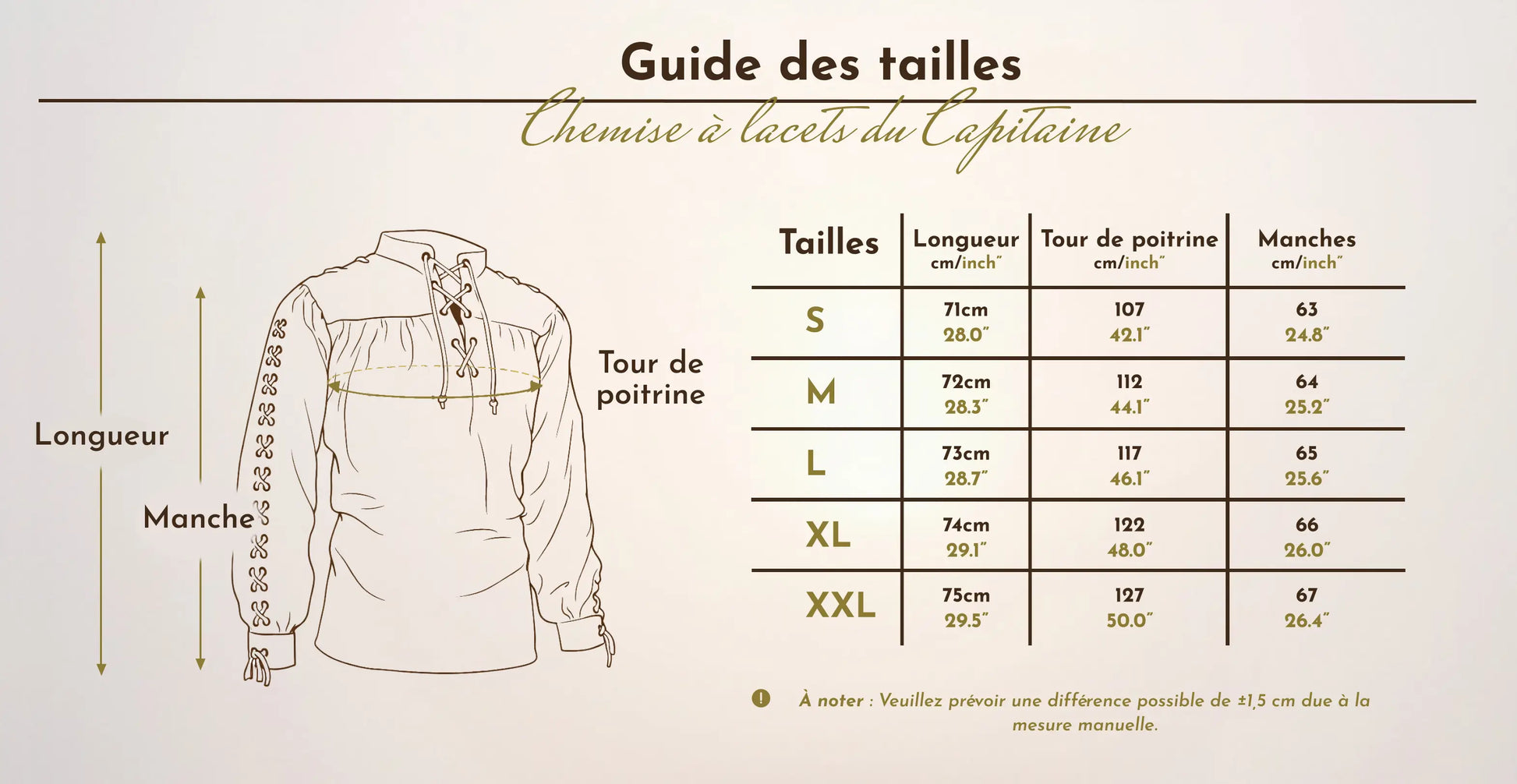Tableau et schéma du guide des tailles de la chemise à lacet du capitaine allant de la taille S à la taille XXL.