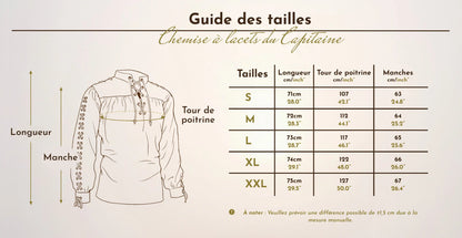 Tableau et schéma du guide des tailles de la chemise à lacet du capitaine allant de la taille S à la taille XXL.