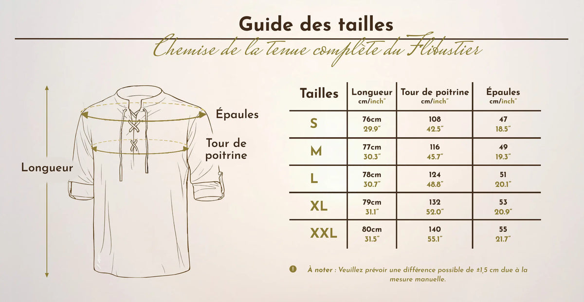 Tableau et schéma du guide des tailles de la chemise de la tenue complète du flibustier allant de la taille S à la taille XXL.