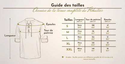 Tableau et schéma du guide des tailles de la chemise de la tenue complète du flibustier allant de la taille S à la taille XXL.