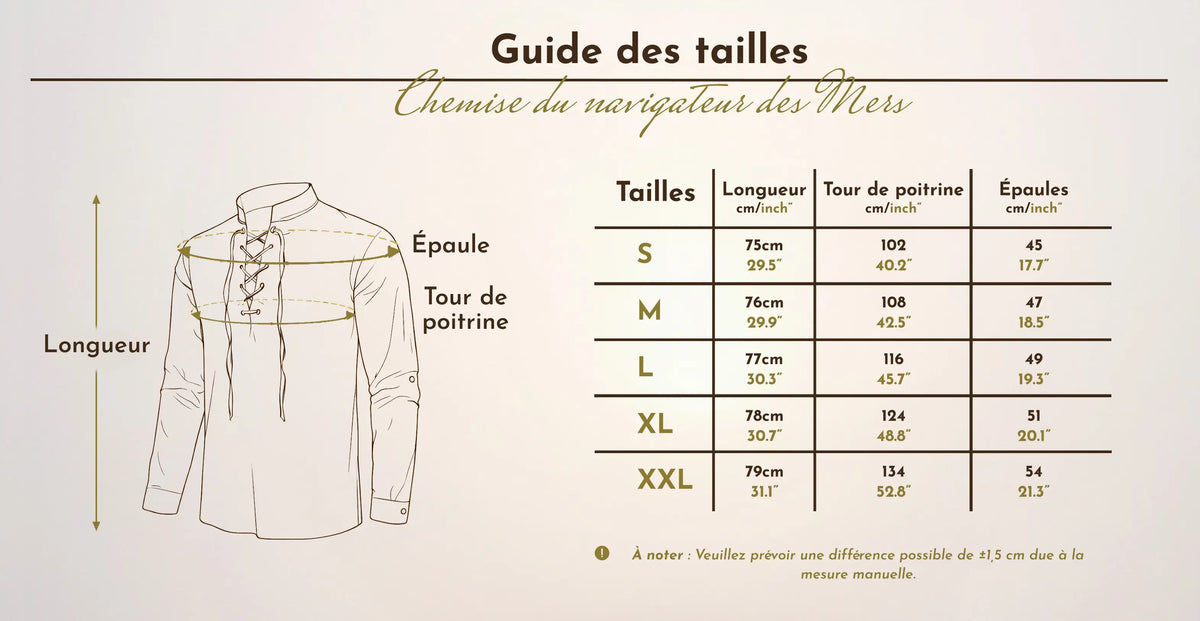 Tableau et schéma du guide des tailles de la chemise du navigateur des mers allant de la taille S à la taille XXL.