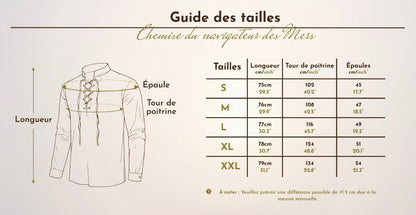 Tableau et schéma du guide des tailles de la chemise du navigateur des mers allant de la taille S à la taille XXL.
