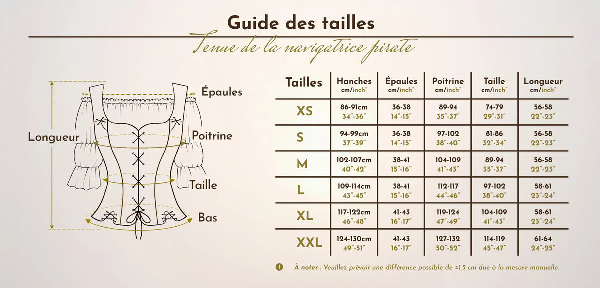 Tableau et schéma du guide des tailles de la tenue de la navigatrice pirate allant de la taille XS à la taille XXL.