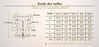 Tableau et schéma du guide des tailles de la tenue de la navigatrice pirate allant de la taille XS à la taille XXL.