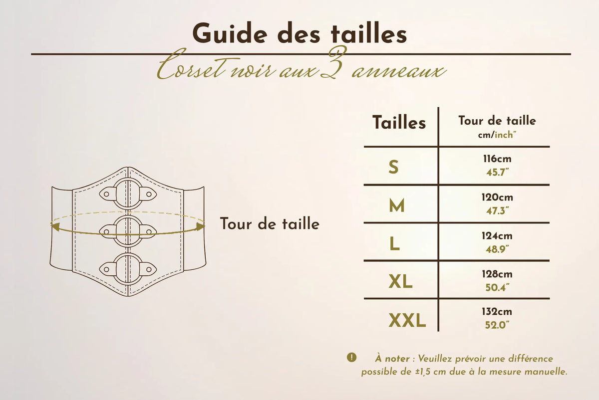 Tableau et schéma du guide des tailles du corset aux trois anneaux allant de la taille S à la taille XXL.