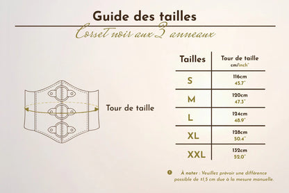 Tableau et schéma du guide des tailles du corset aux trois anneaux allant de la taille S à la taille XXL.