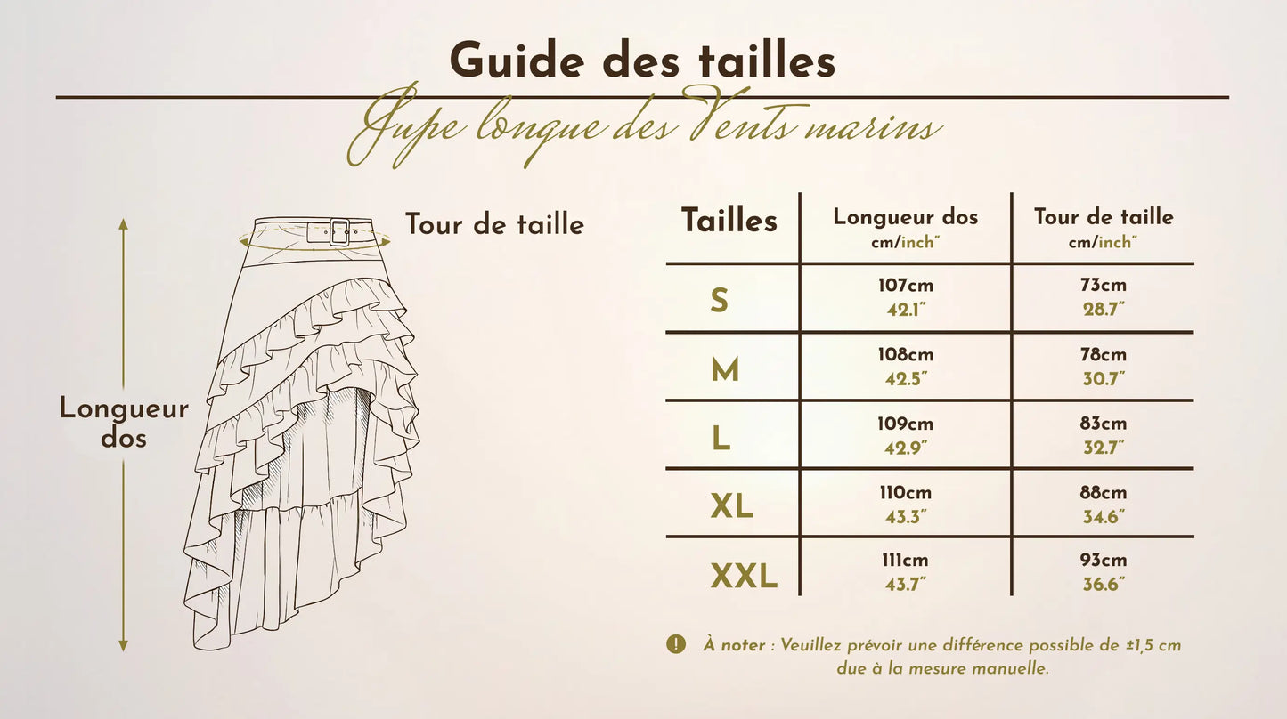 Tableau et schéma du guide des tailles de la jupe longue des vents marins allant de la taille S à la taille XXL.