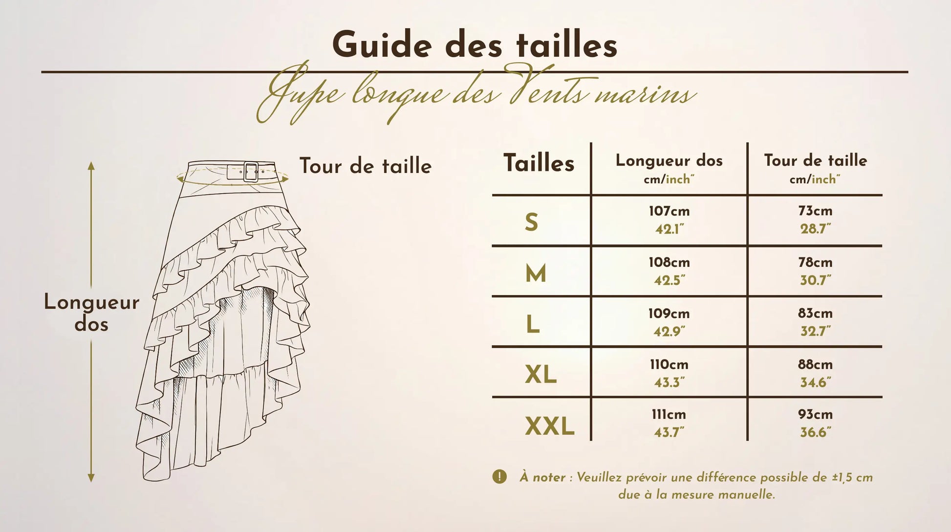 Tableau et schéma du guide des tailles de la jupe longue des vents marins allant de la taille S à la taille XXL.