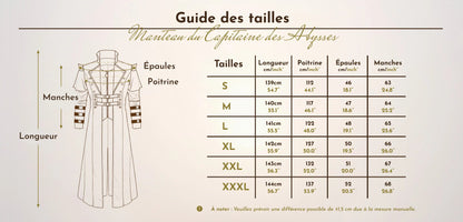 Tableau et schéma du guide des tailles du manteau du capitaine des abysses allant de la taille S à la taille XXXL.