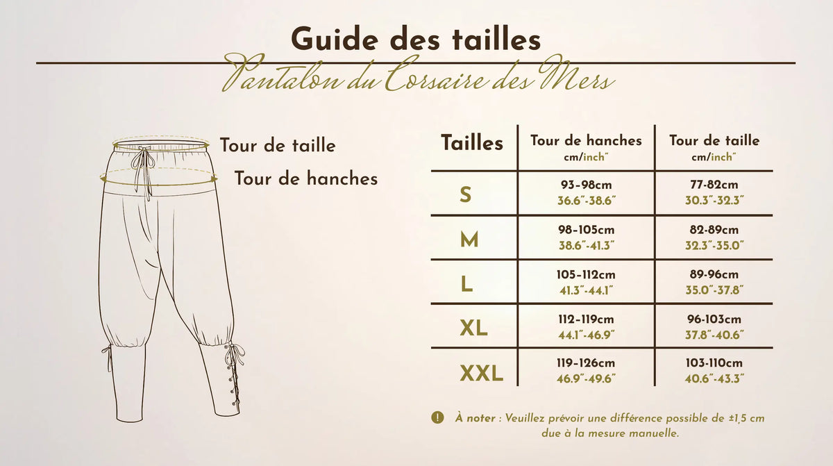 Tableau et schéma du guide des tailles du pantalon du corsaire des mers  allant de la taille S à la taille XXL.