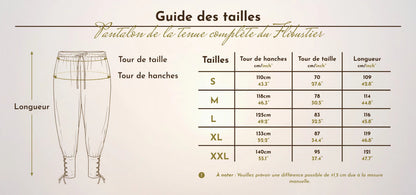 Tableau et schéma du guide des tailles du pantalon de la tenue complète du flibustier allant de la taille S à la taille XXL.