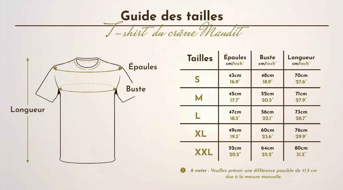 Tableau et schéma du guide des tailles du t-shirt crâne maudit allant de la taille S à la taille XXL.