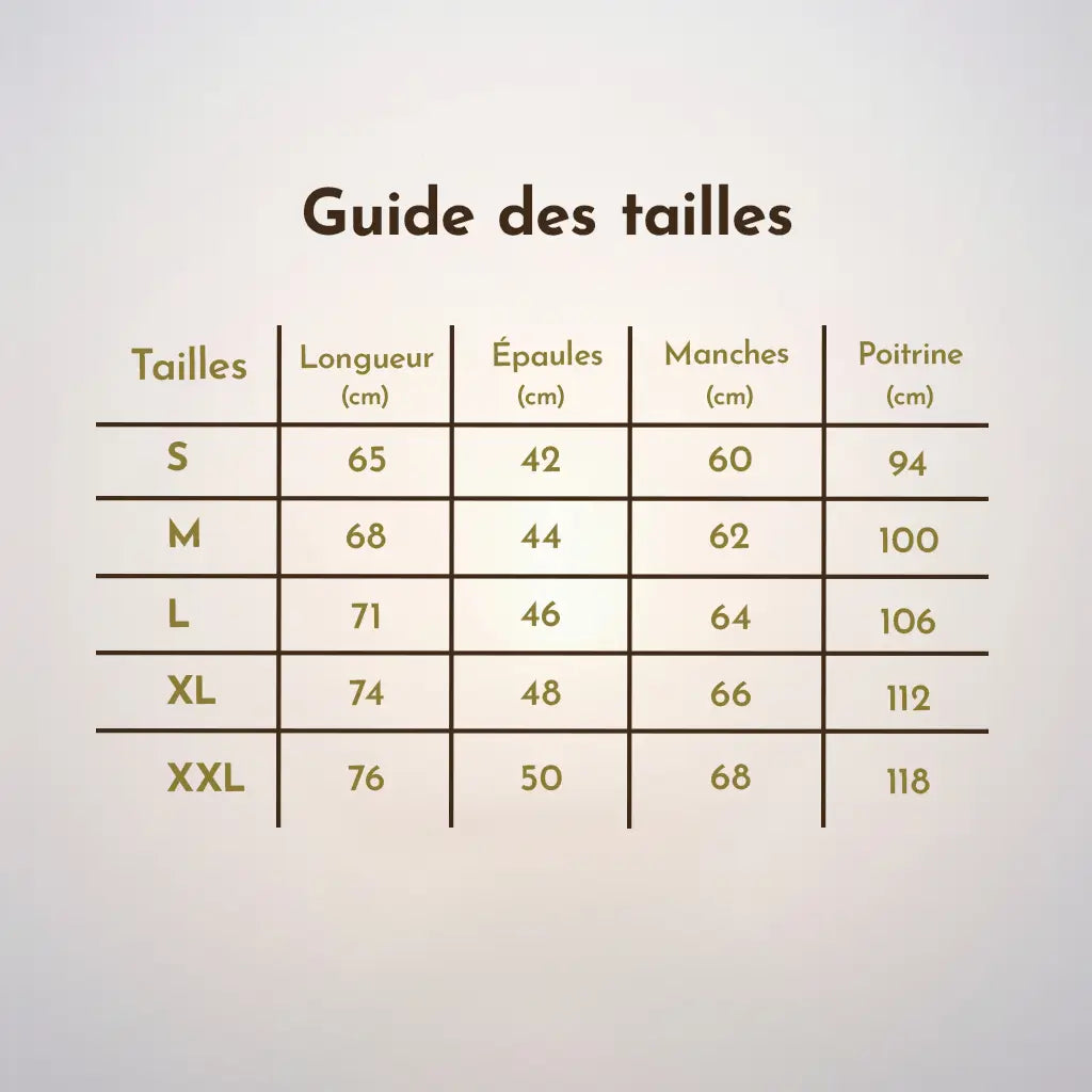 Tableau du guide des tailles et des dimensions en centimètres des T-shirts de la taille S à XXL.