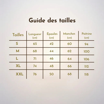 Tableau du guide des tailles et des dimensions en centimètres des T-shirts de la taille S à XXL.