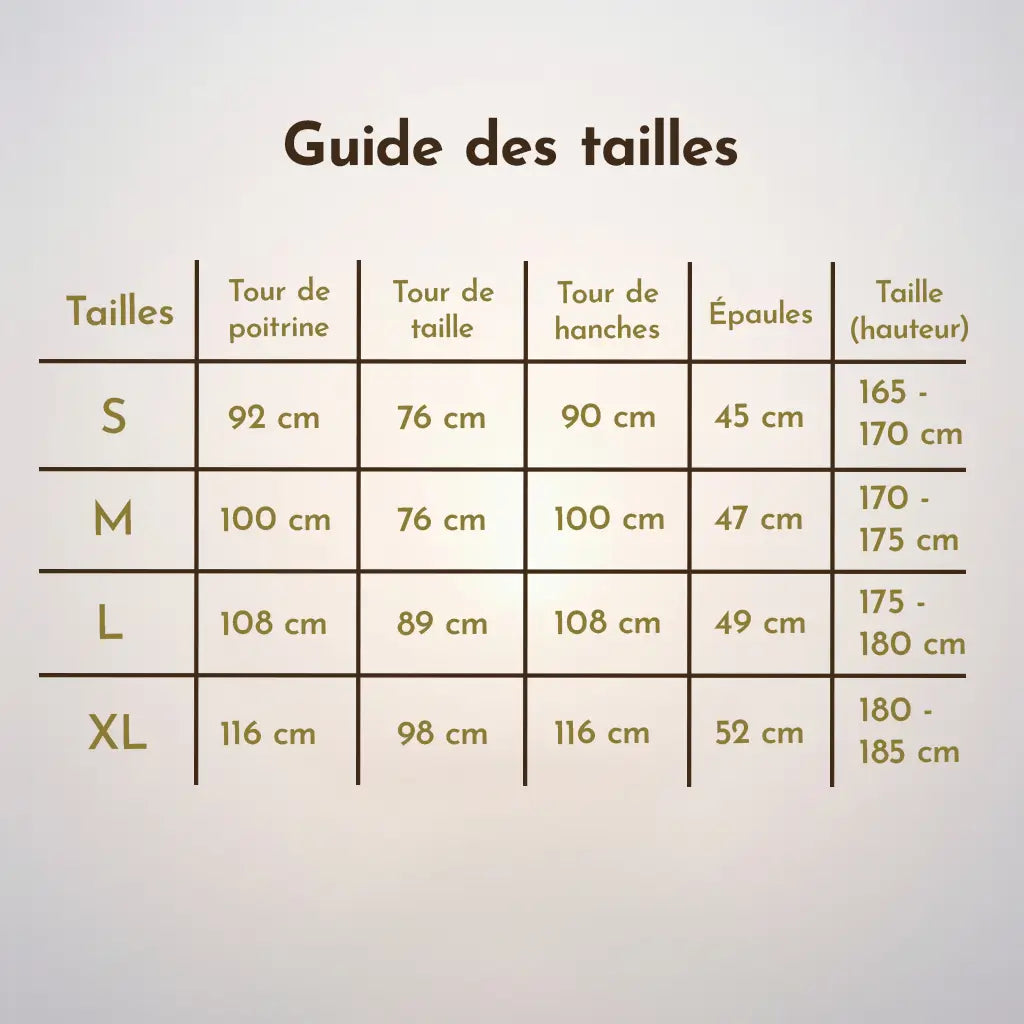 Guide des tailles du costume pirate des Caraïbes pour homme, mesures poitrine, taille, hanches et épaules.