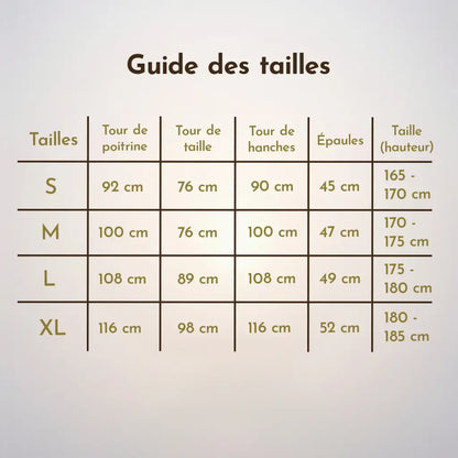 Guide des tailles du costume pirate des Caraïbes pour homme, mesures poitrine, taille, hanches et épaules.