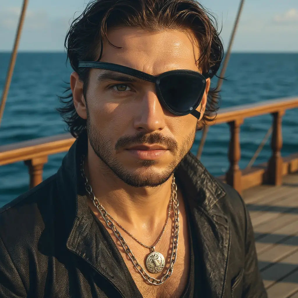 Homme portant un cache-œil pirate en cuir noir sur un navire, look de capitaine avec collier et chemise ouverte.