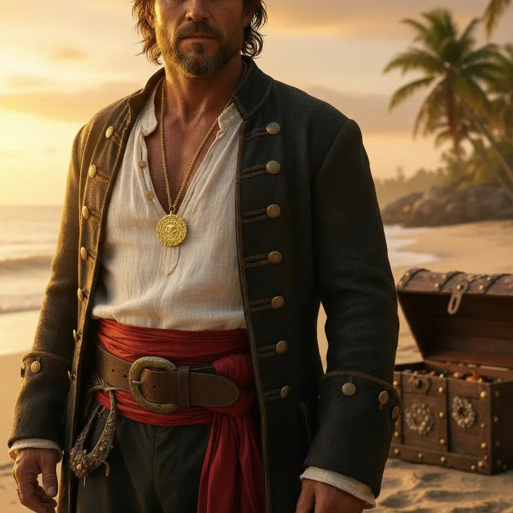 Homme pirate vêtu d’une chemise ouverte portant un collier crâne doré sur la plage, bijou doré inspiré du trésor des mers.