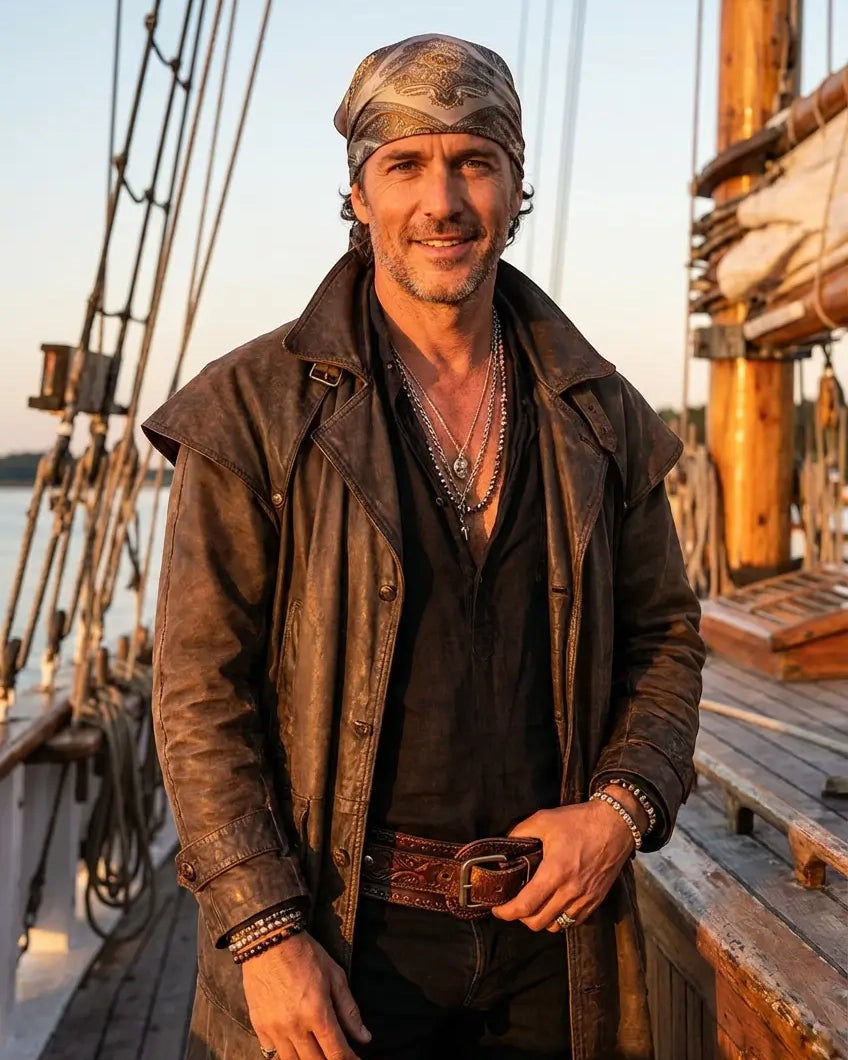 Homme au look d'un pirate moderne sur un navire en bois avec un bandana, une veste longue, une ceinture massive et divers bijoux.