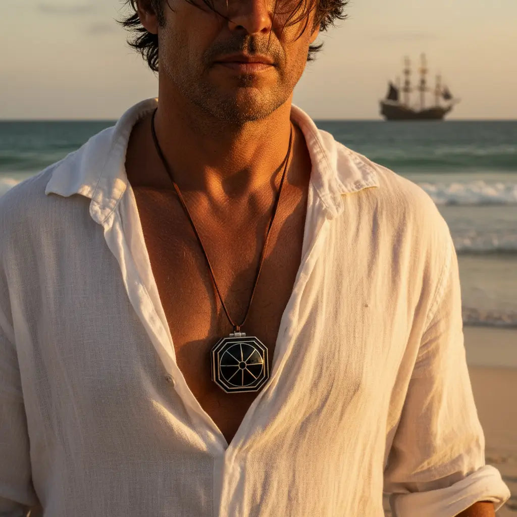 Homme portant un collier boussole pirate sur une plage, chemise ouverte et navire à l’horizon.