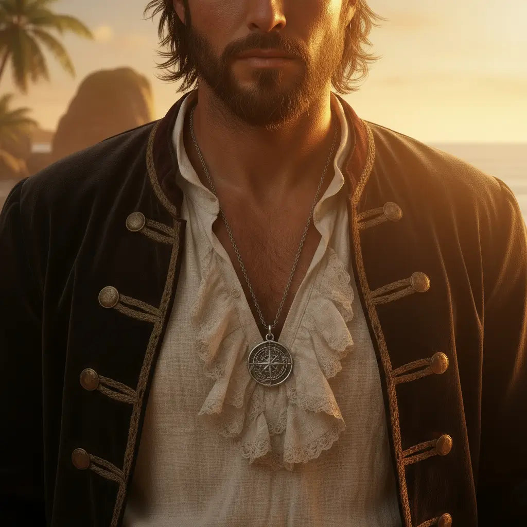 Homme au style pirate portant un collier Rose des Vents en acier, symbole de liberté et d’aventure maritime.