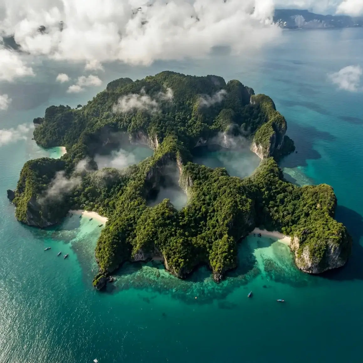 Vue aérienne d'une île sauvage et tropicale en forme de crâne.