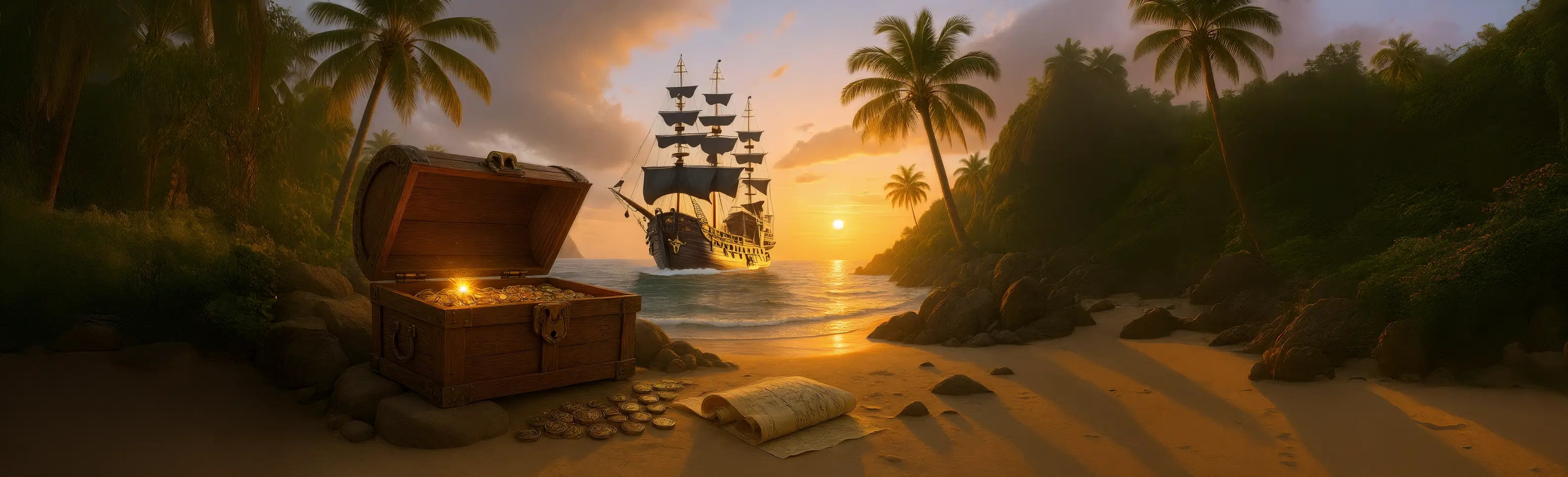 Coffre au trésor ouvert sur une plage tropicale au coucher du soleil, avec un navire pirate au large et des palmiers en arrière-plan.