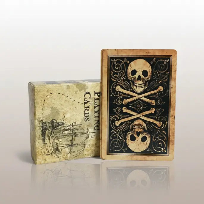 Jeu de cartes Pirate Maudit avec sa boîte fermée, design vintage sur fond blanc.