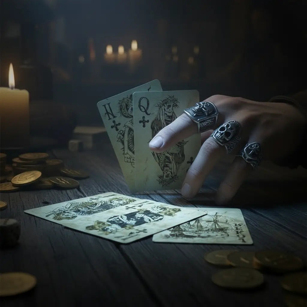 Main ornée de bagues jouant au jeu de cartes Pirate Maudit à la lueur des bougies.