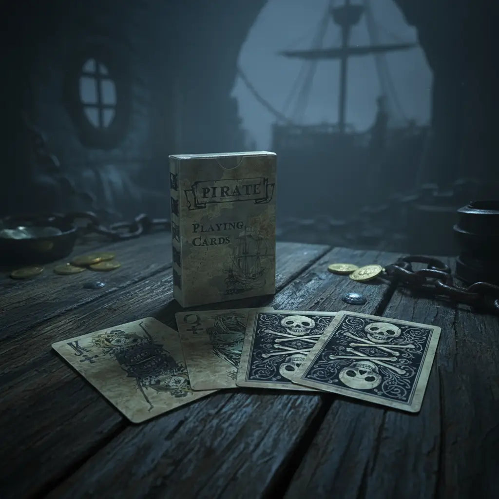 Jeu de cartes Pirate Maudit sur une table de navire fantôme, atmosphère ténébreuse et maritime.