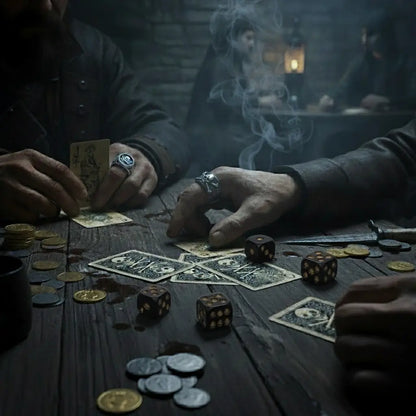 Joueurs manipulant le jeu de cartes Pirate Maudit dans une taverne sombre remplie de pièces d’or.