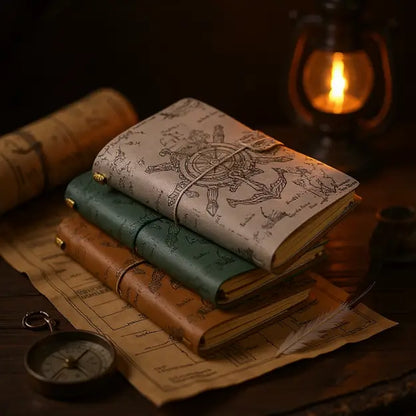 Journaux pirates en cuir empilés sur une table en bois, éclairés par une bougie, ambiance vintage et maritime.