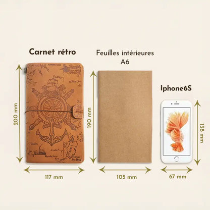 Schéma des dimensions du journal pirate en cuir format A6 avec exemple d’épaisseur et hauteur.