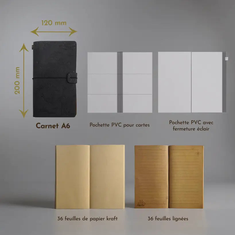 Journal pirate en cuir noir format A6, design élégant avec poches intérieures et feuilles lignées.