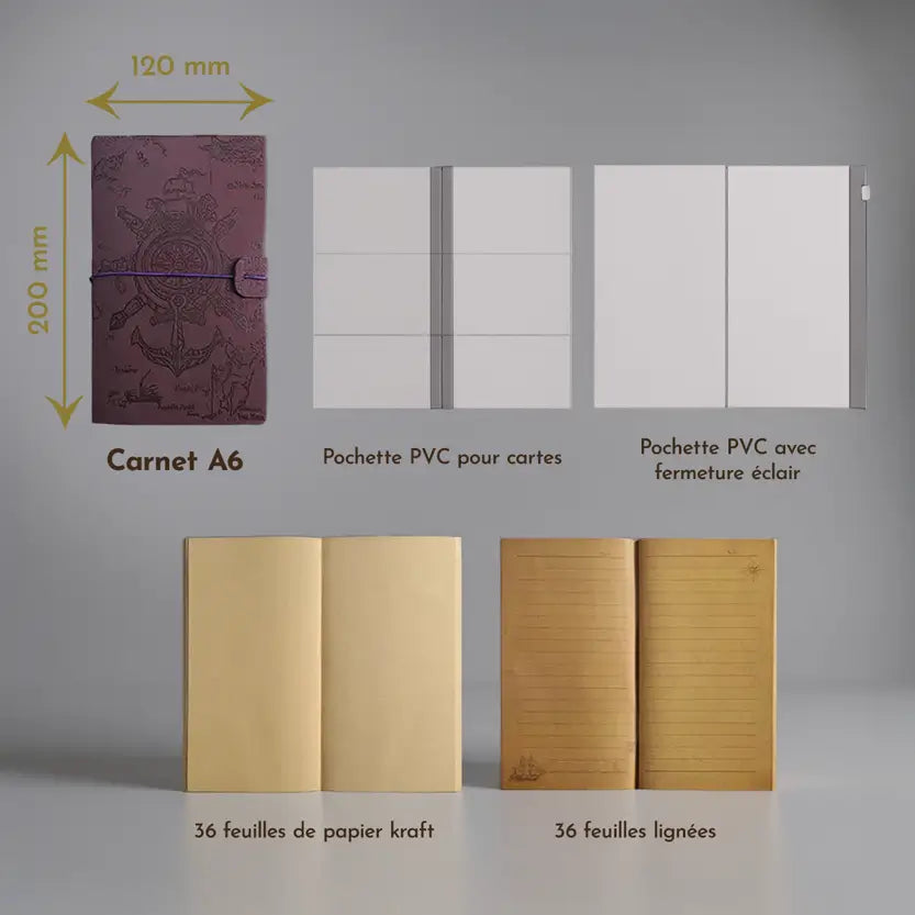 Journal pirate en cuir pourpre format A6, avec papier ligné et poches de rangement intégrées.