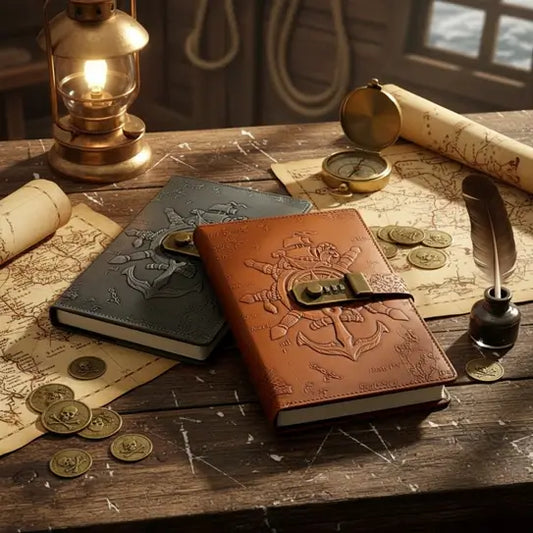 Carnets pirates en cuir avec cadenas à code posés sur une table en bois, ambiance vintage avec bougies et pièces d’or.