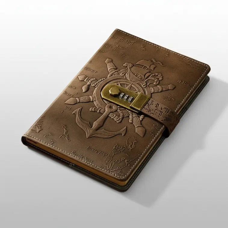 Journal pirate en cuir brun café avec fermeture à code métallique, design gravé à la main.