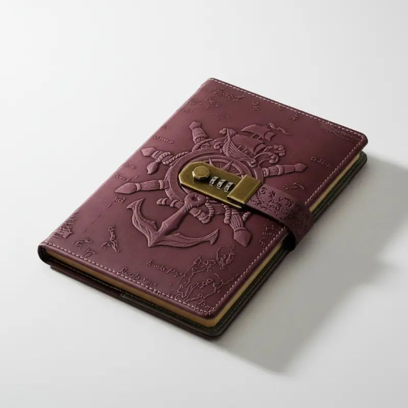 Journal pirate en cuir pourpre avec cadenas à code et décor de gouvernail gravé, style élégant et mystérieux.