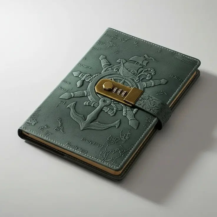 Carnet pirate en cuir vert foncé avec fermeture à code dorée, design inspiré du monde maritime.
