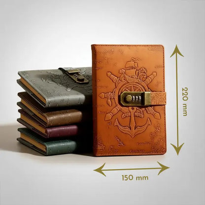 Schéma des dimensions du journal pirate en cuir format A5 avec indication de hauteur et largeur.