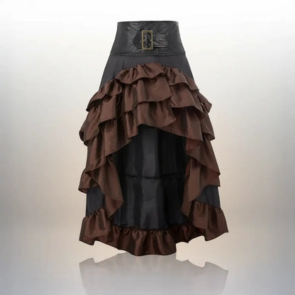 Jupe longue des vents marins marron à volants, style pirate et aventurière.