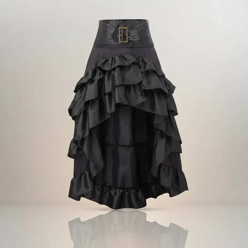 Jupe longue des vents marins noire à volants, inspiration pirate médiévale.